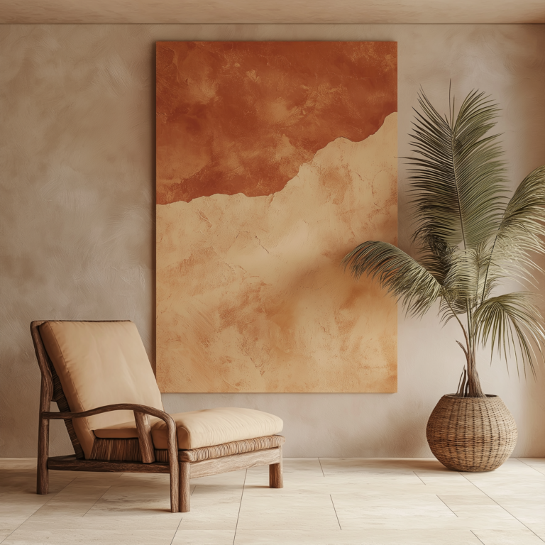 Warm kleurenpallet met oranje terracotta stoel en wallart